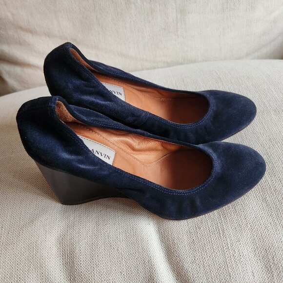 NWOT Lanvin Navy Suede Wedge Heels - US 7.5 - Picture 4 of 14